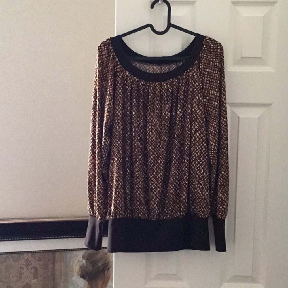 Vintage 90s Jones New York Geometric Print Top Brown Jersey soft long sleeve
